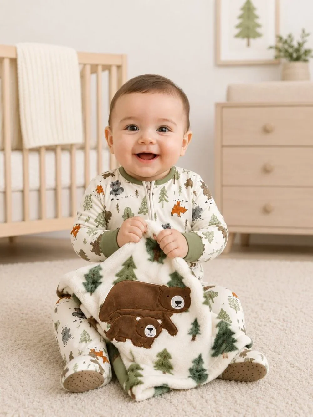 NWT Baby Essentials 2 Pc Woodland Footed Sleeper & Blanket Set 6M